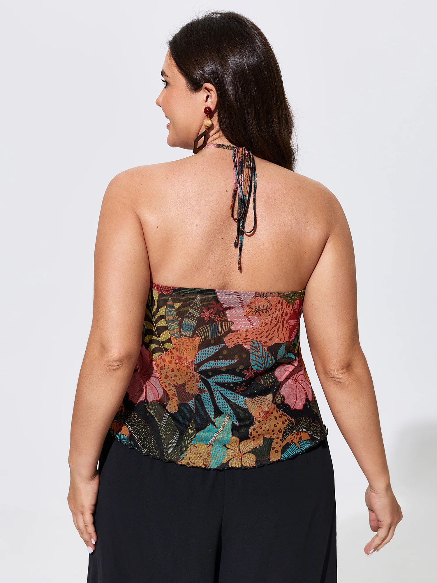Stretchy Tropical Print Neck-Tie Jersey Top - Image 5