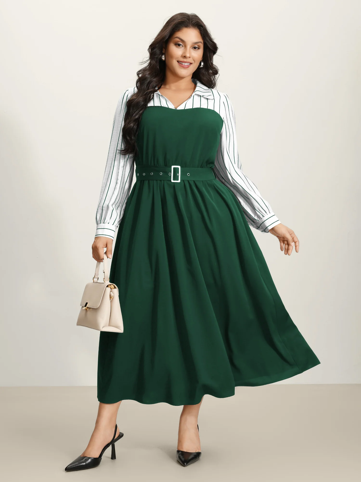 Stripe Print Belted Pockets Maxi Dress