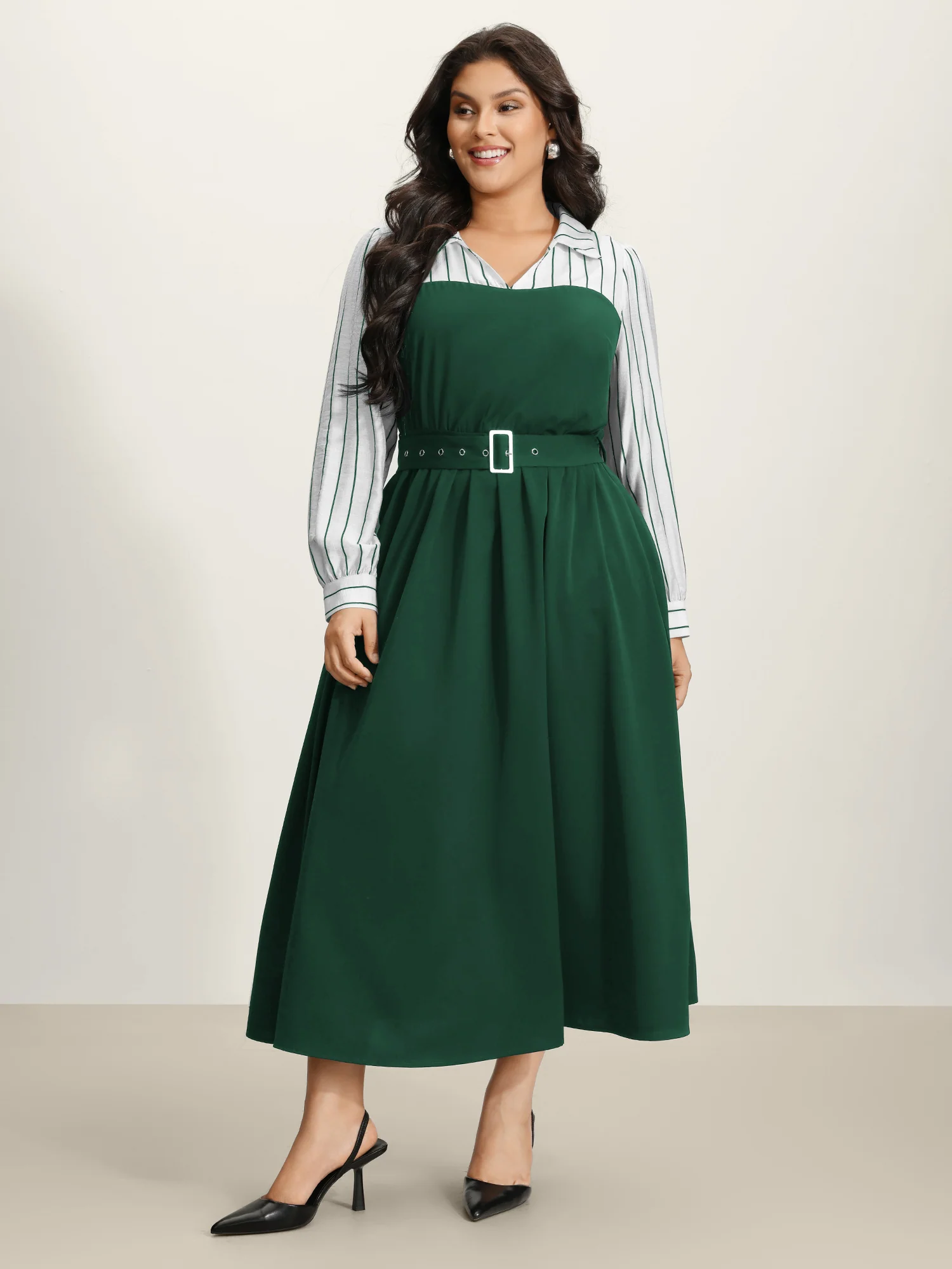 Stripe Print Belted Pockets Maxi Dress - Image 3