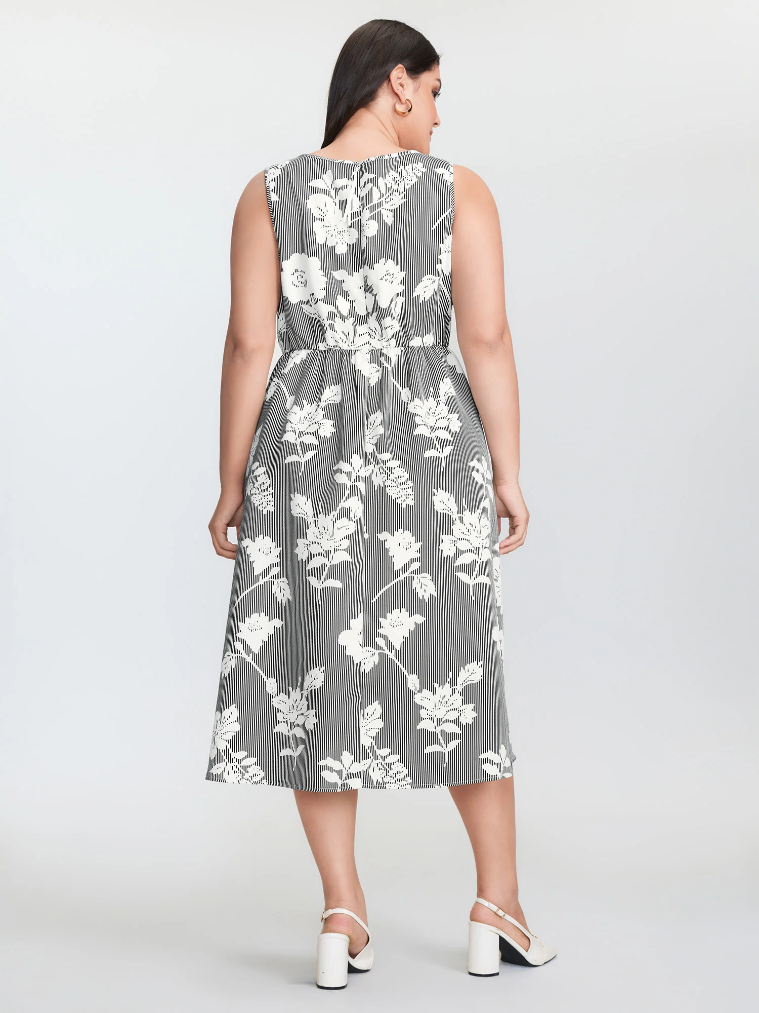 Striped Floral Print Notched Collar Midi Dress - Image 6