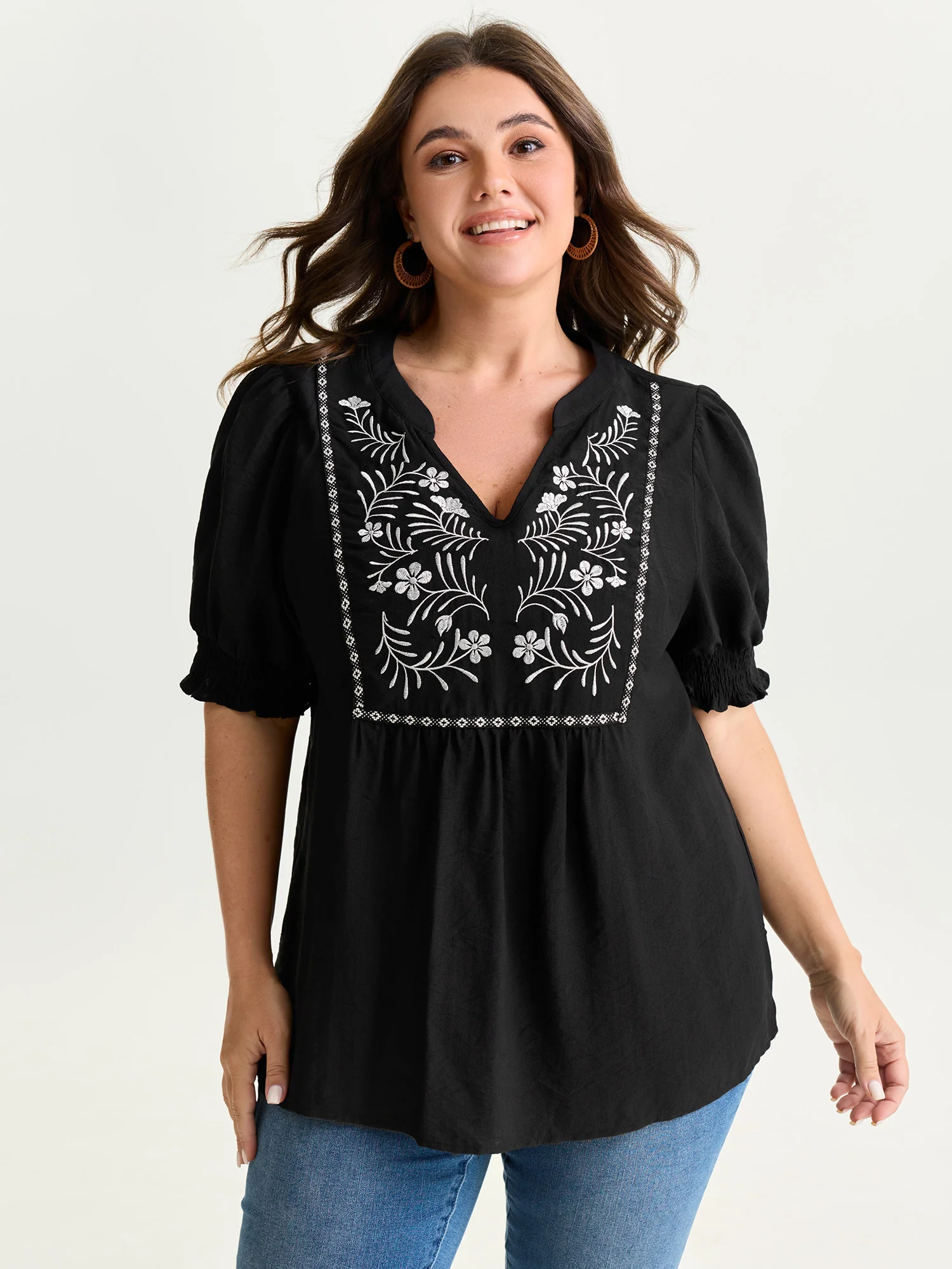 Supersoft Floral Embroidered Notched Collar Blouse