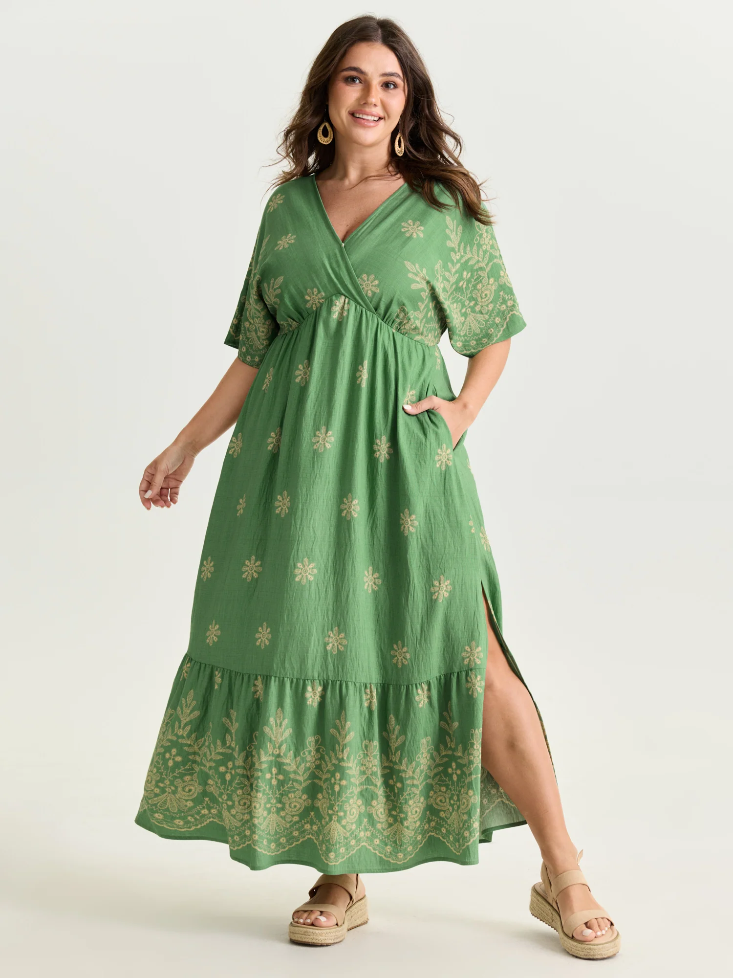 Surplice Neck Split Side Pockets Maxi Dress