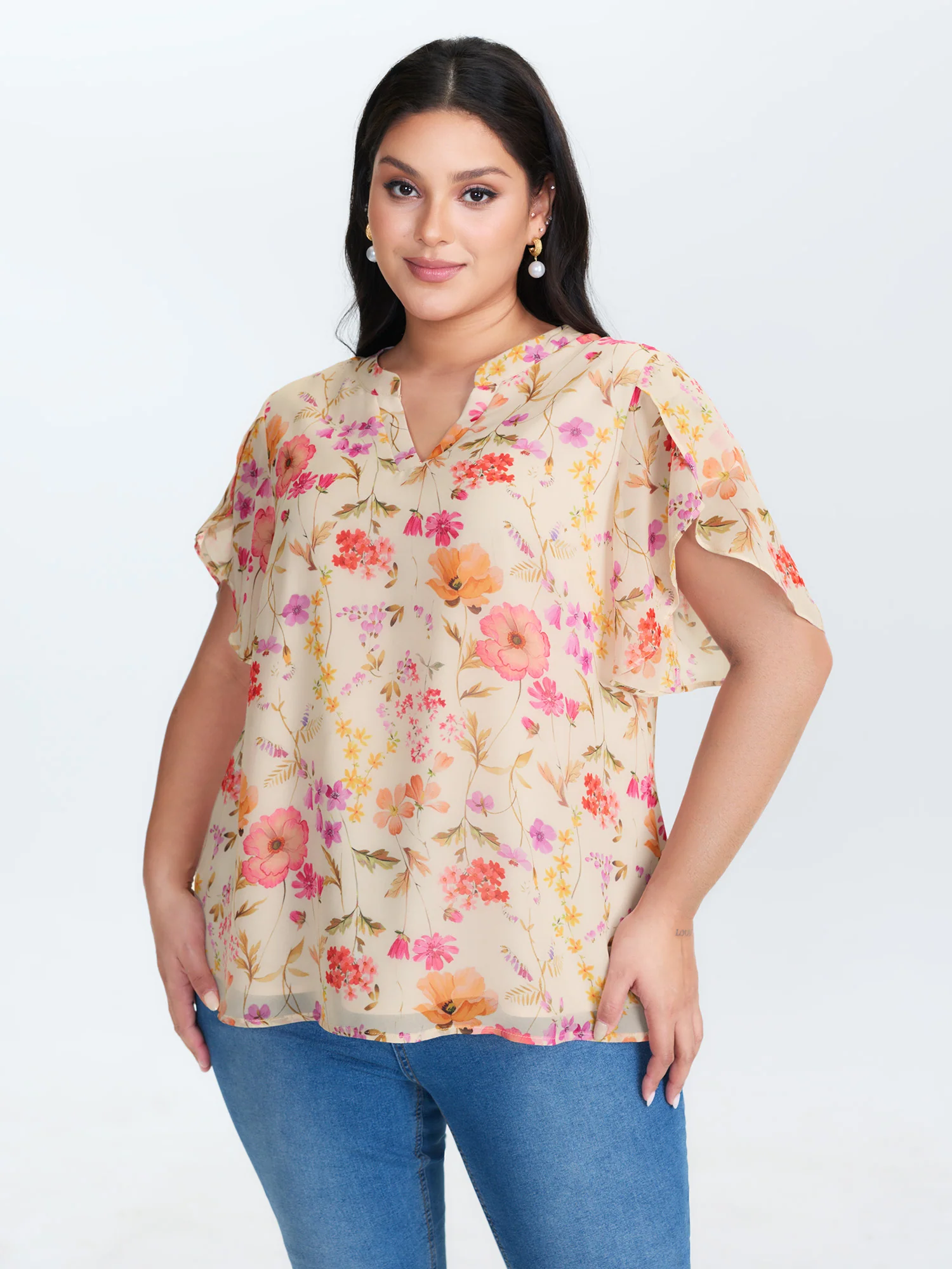 Sweet Floral Print Petal Sleeve Blouse