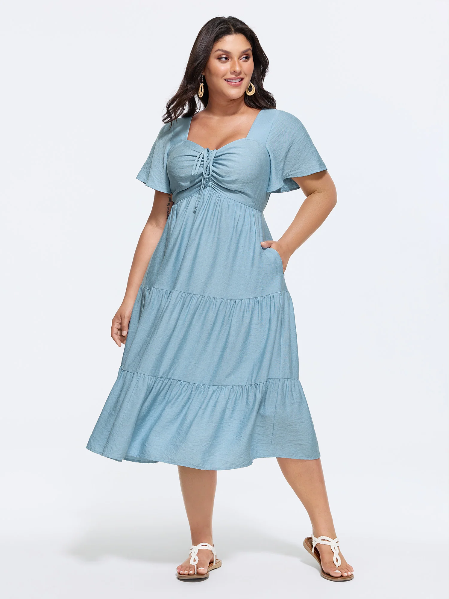 Sweetheart Drawstring Pocket Tiered Dress