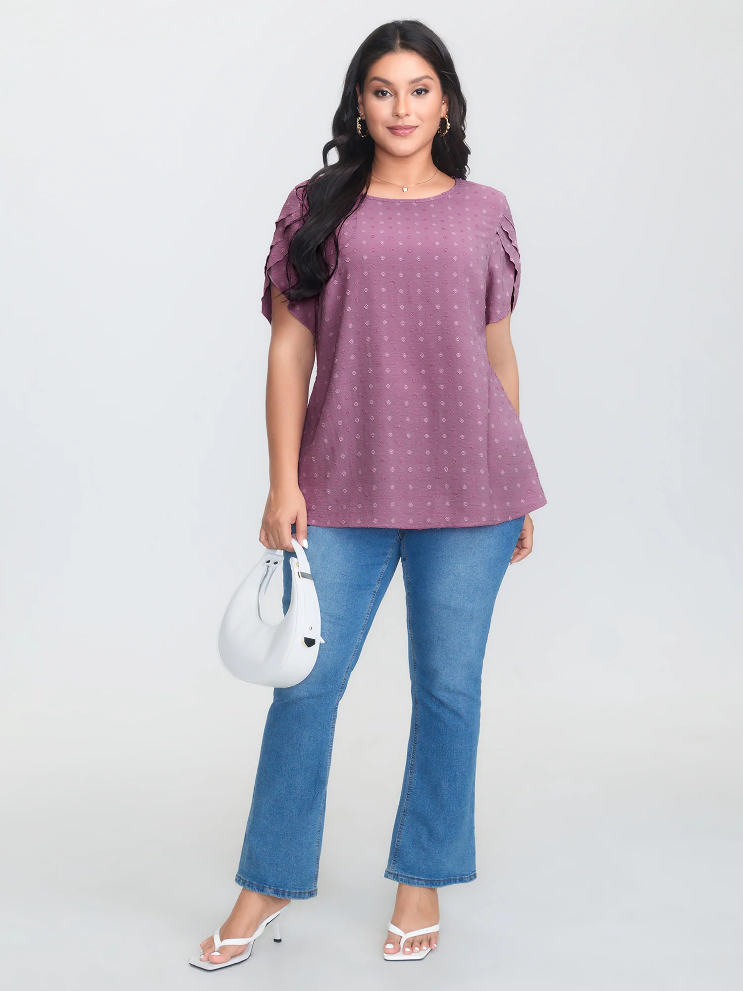 Textured Color Contrast Petal Sleeve Blouse - Image 11