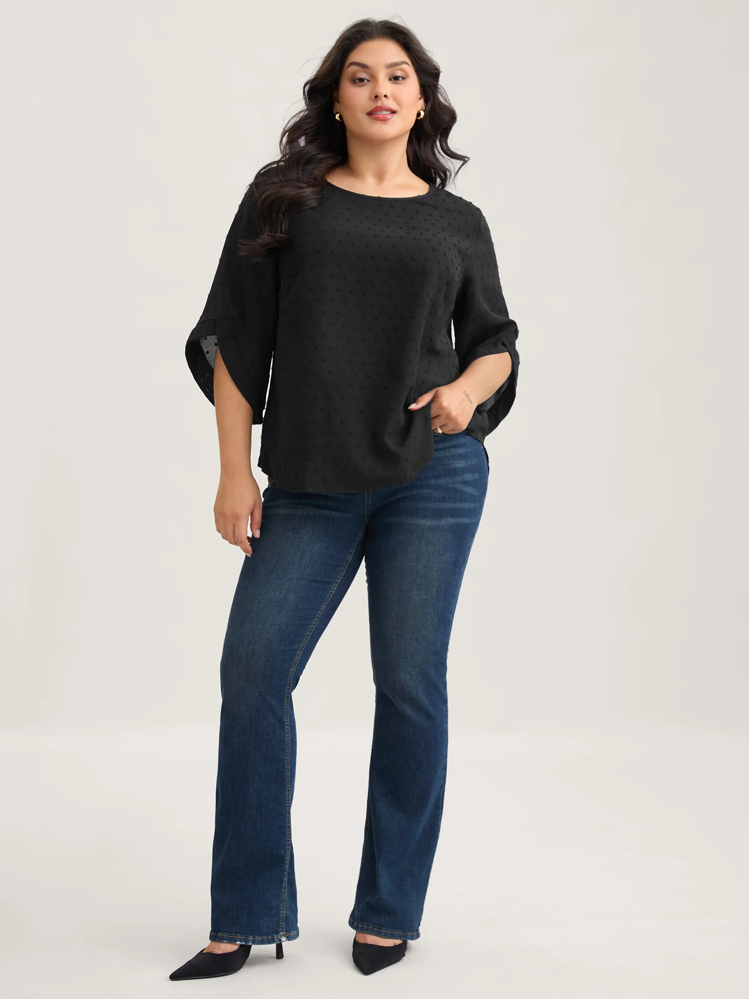 Textured Round Neck Bell Sleeve Blouse - Image 10