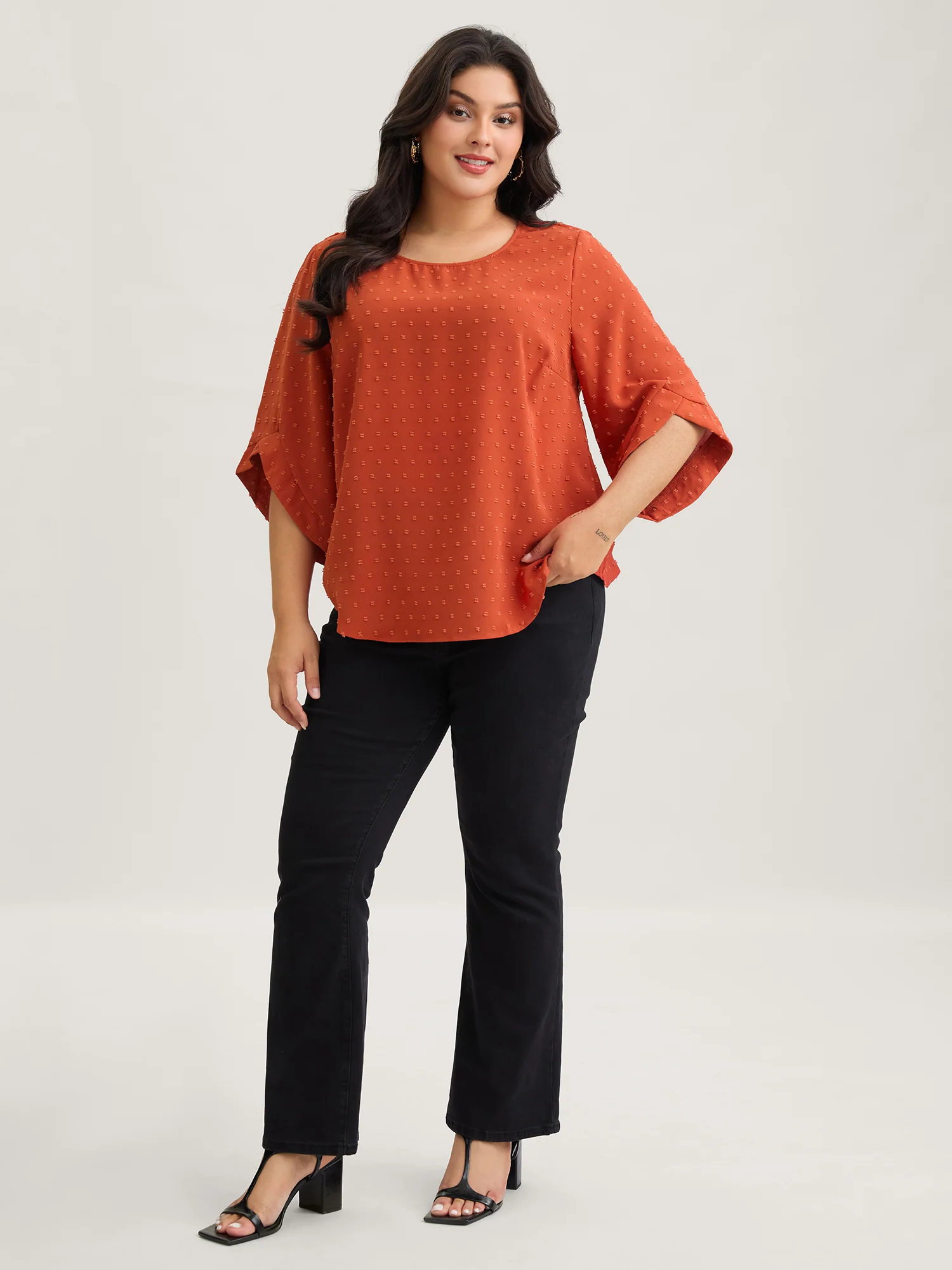 Textured Round Neck Bell Sleeve Blouse - Image 3