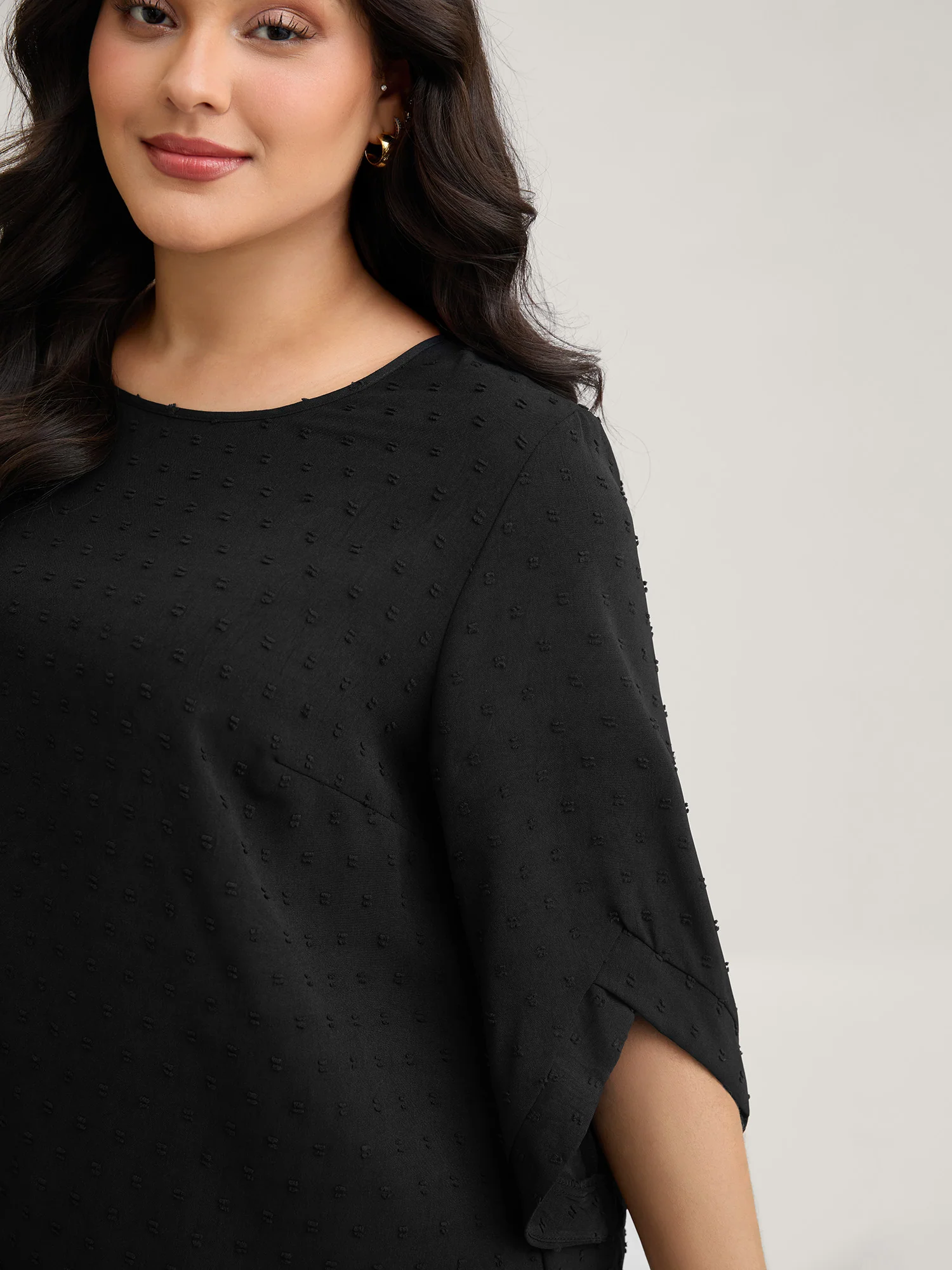 Textured Round Neck Bell Sleeve Blouse - Image 9