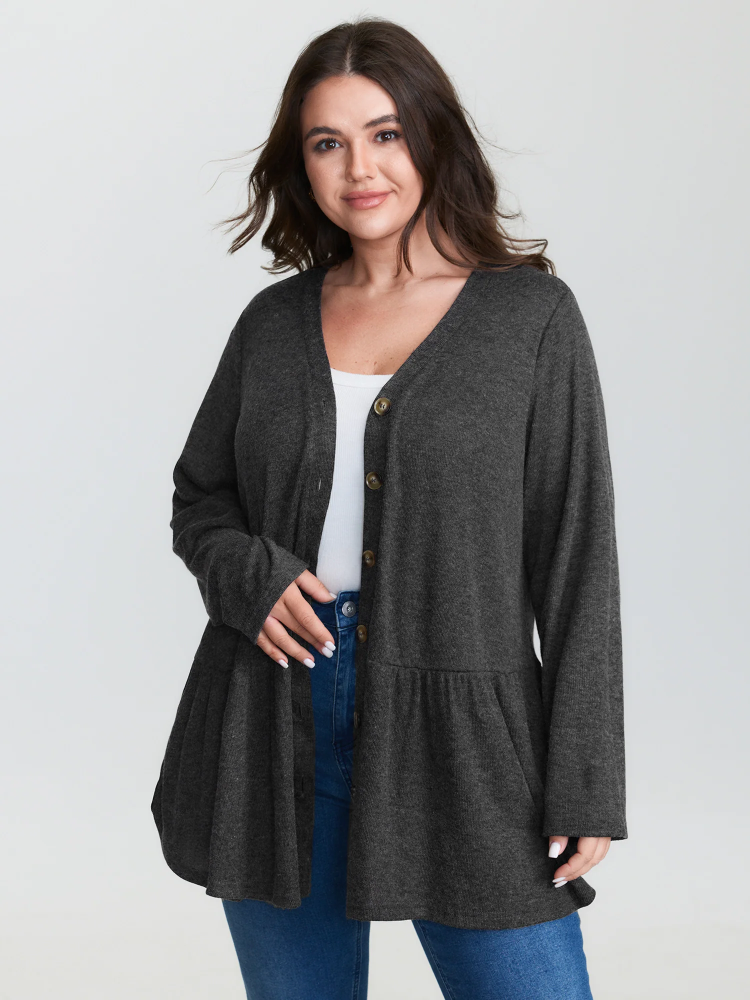 Textured Ruffled Hem Button Kimono - Image 6