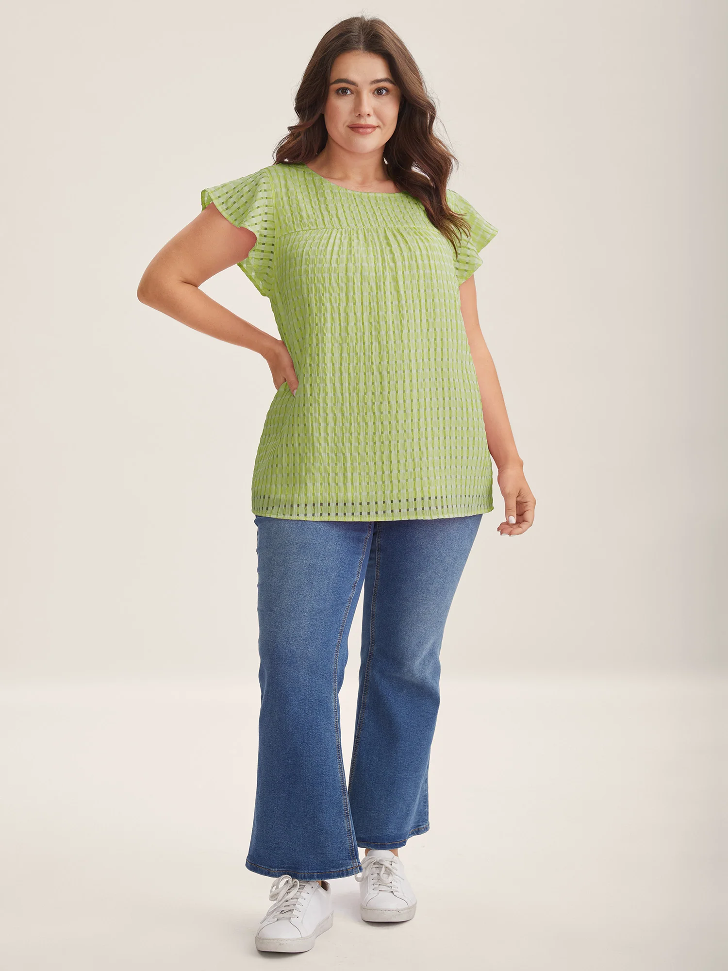 Textured Sheer Lined Flutter Sleeve Blouse - Image 3