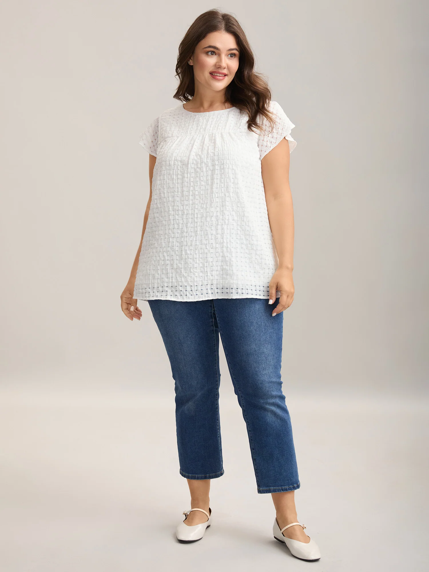 Textured Sheer Lined Flutter Sleeve Blouse - Image 7