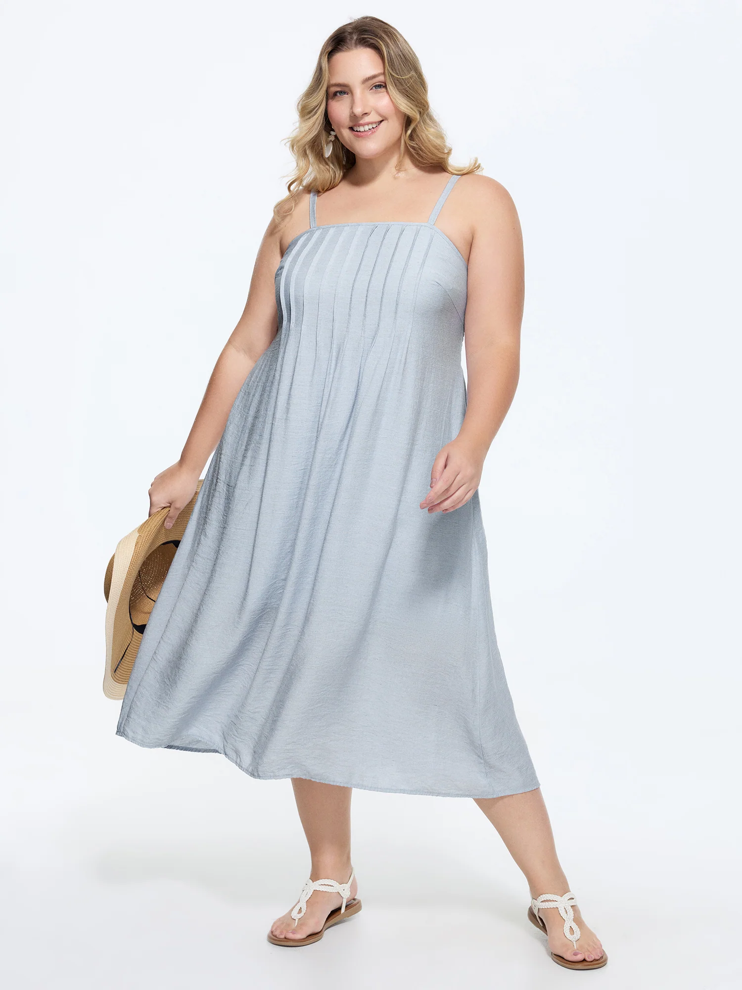 Toothpick Pleated Shirred Cami Midi Dress