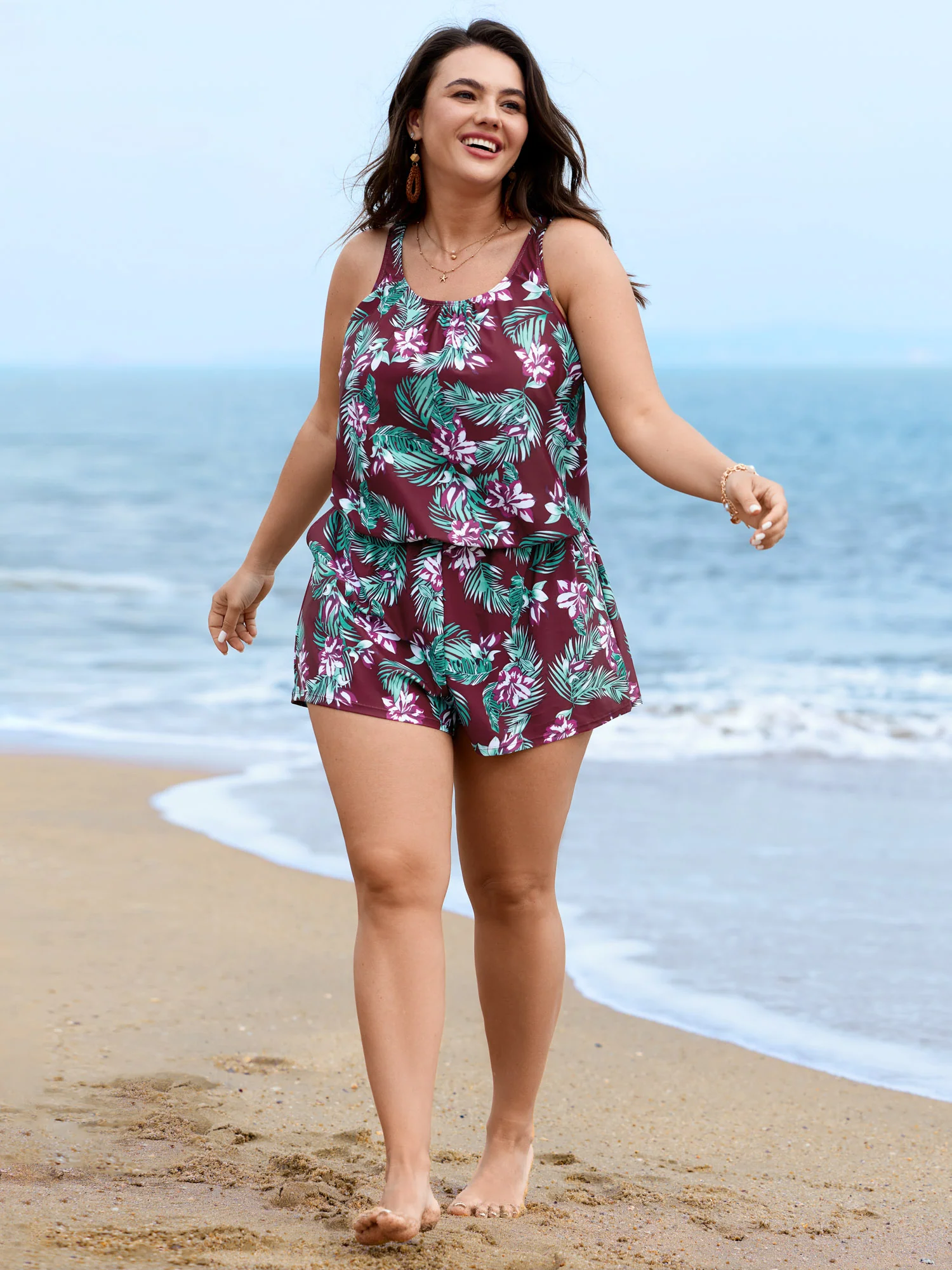 Tropical Flower Print Pockets One-Piece Swimsuit - Image 102