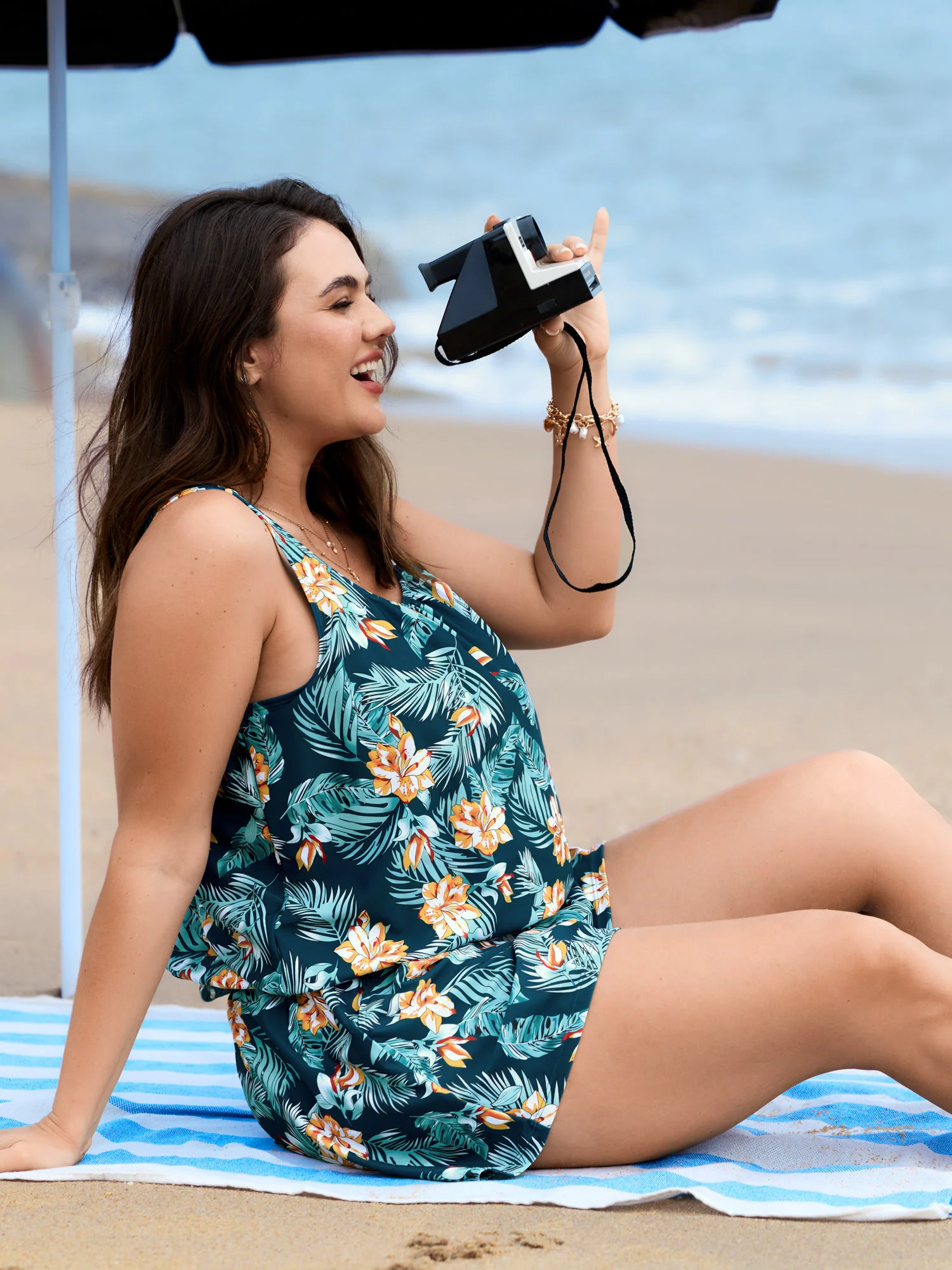 Tropical Flower Print Pockets One-Piece Swimsuit - Image 65