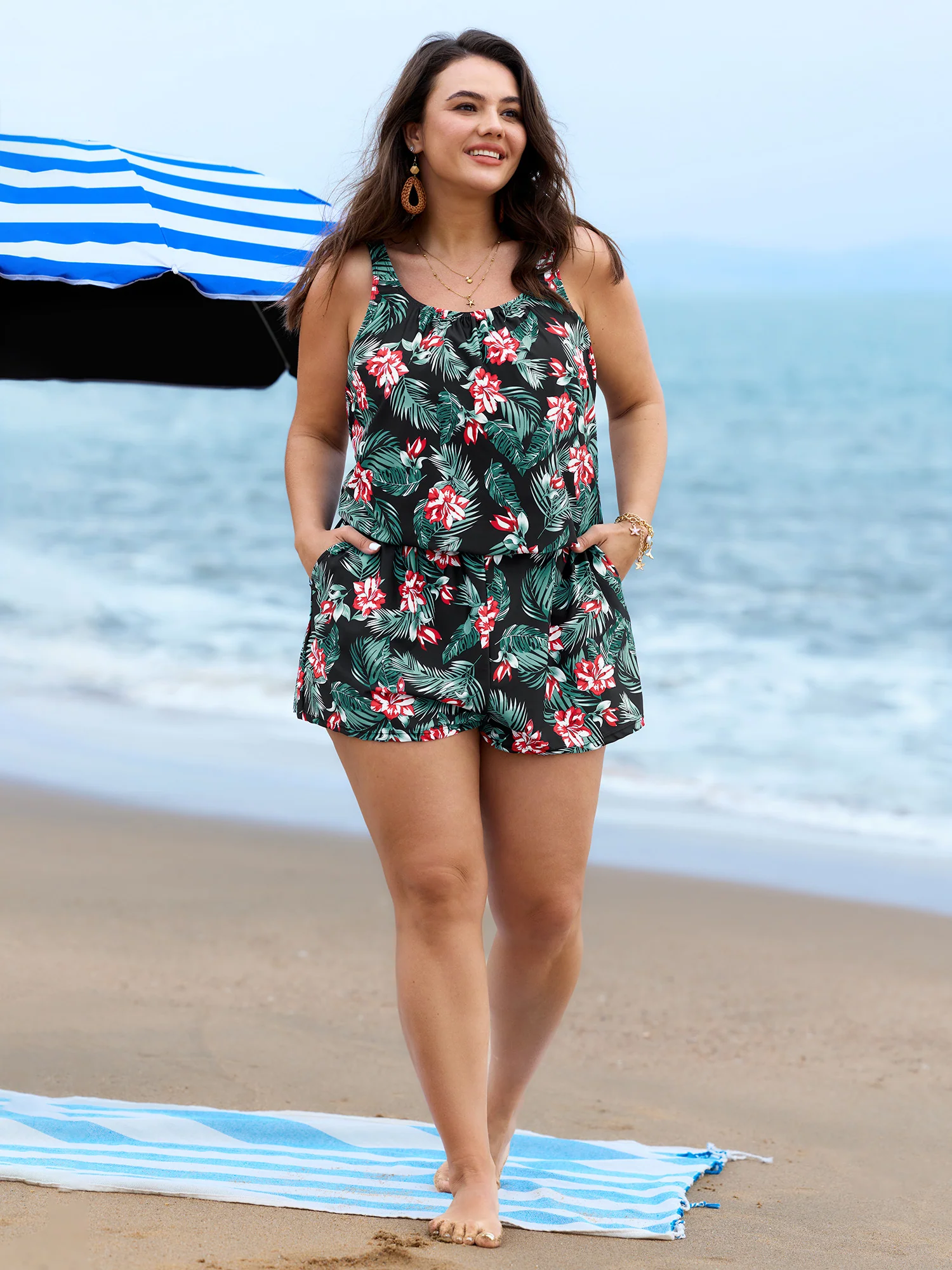 Tropical Flower Print Pockets One-Piece Swimsuit - Image 83