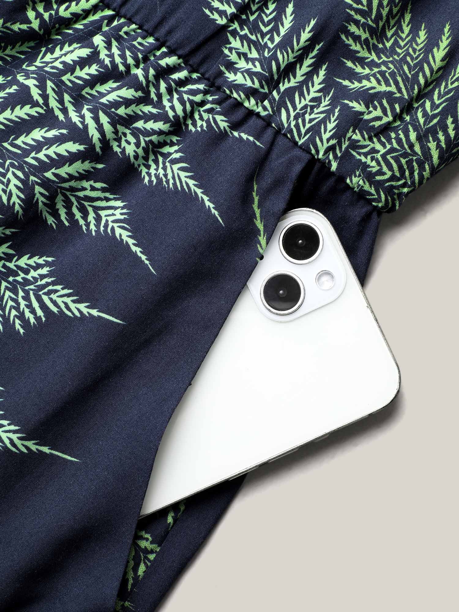 Tropical Leaf Print Pockets Button Romper - Image 6