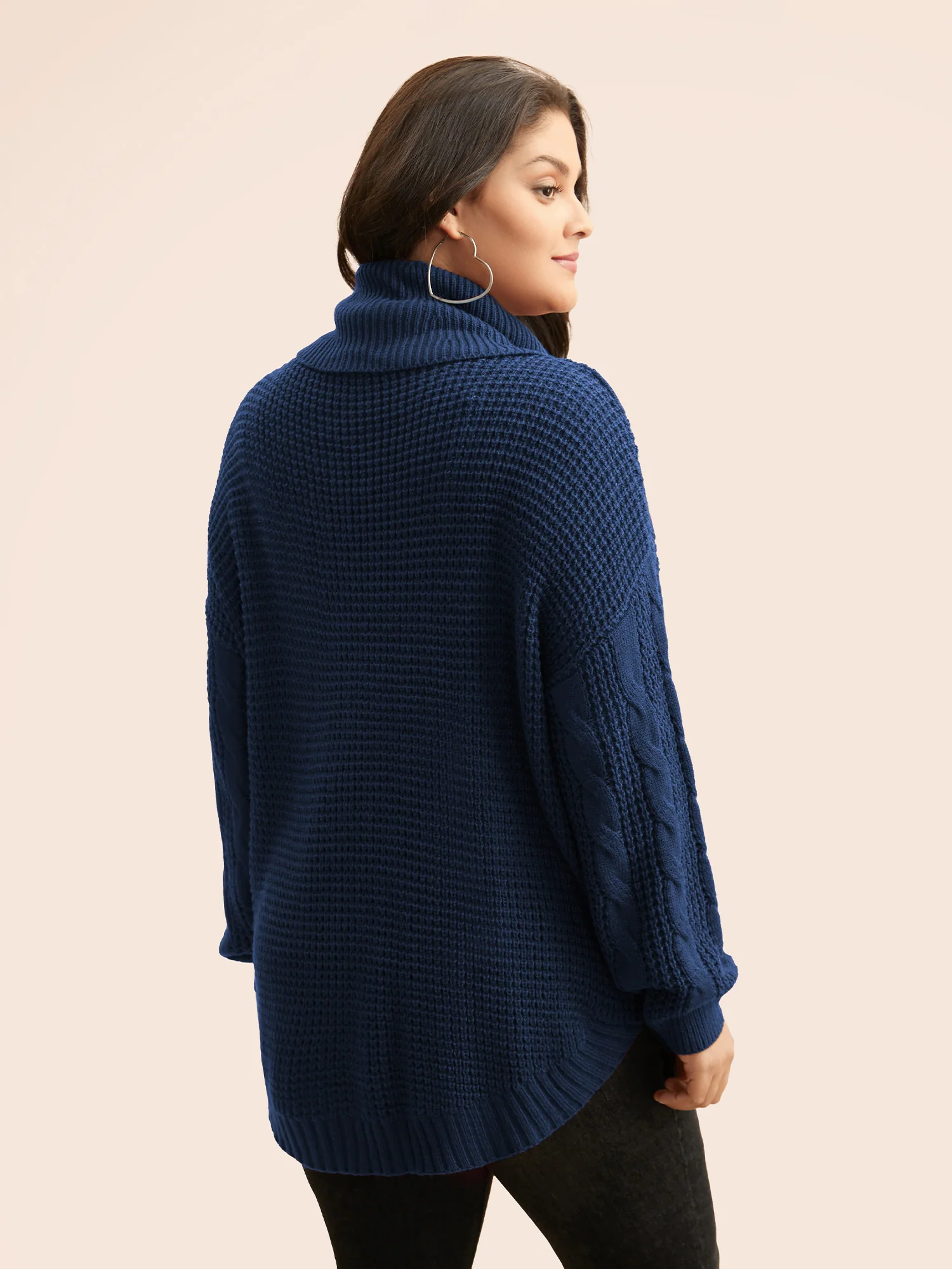Turtleneck Cable Knit Curved Hem Pullover - Image 2