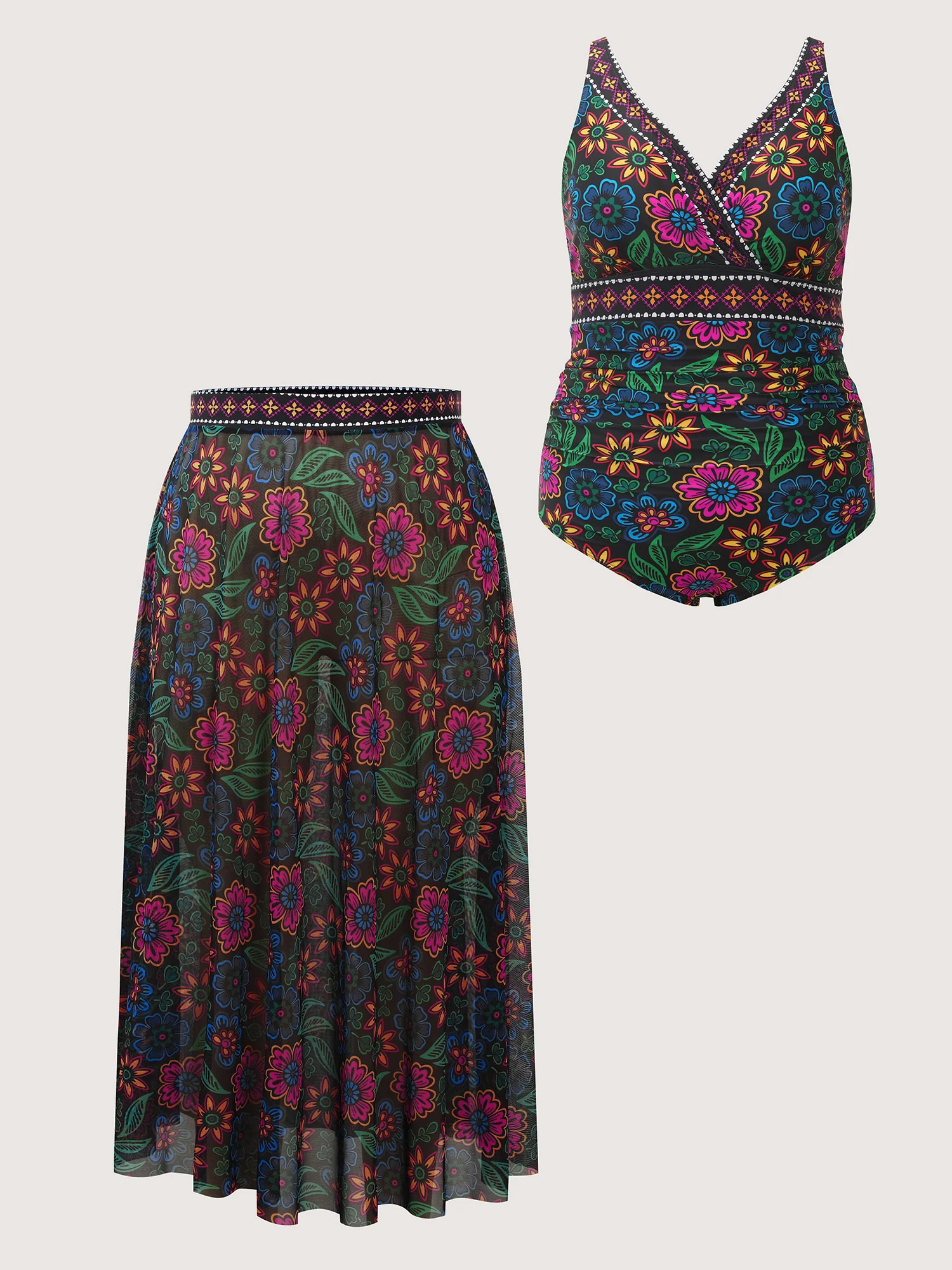 Two-Piece Sarong Floral Print One-Piece Swimsuit - Image 9