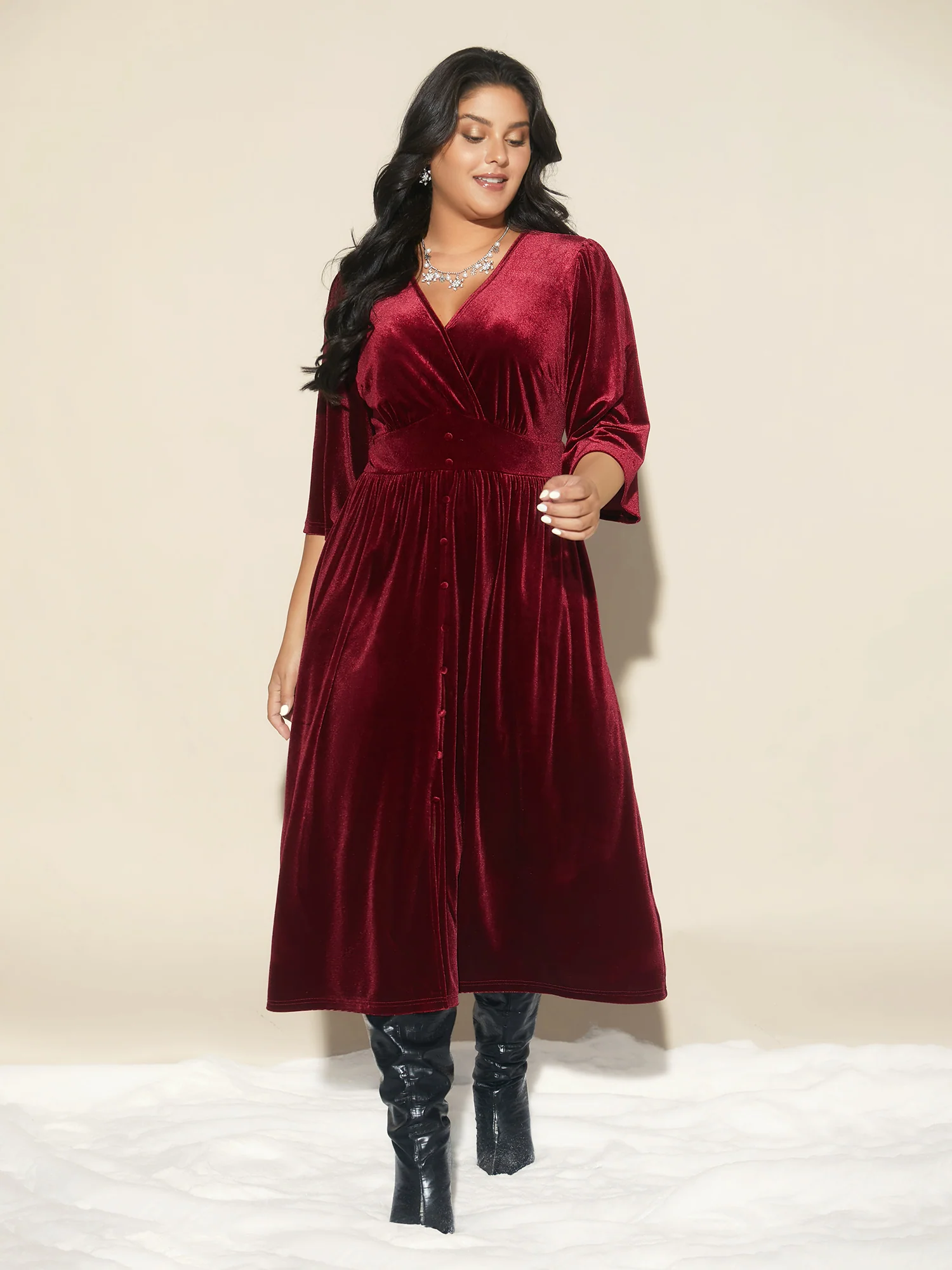 Velvet Ruched Surplice Neckline Midi Dress - Image 3