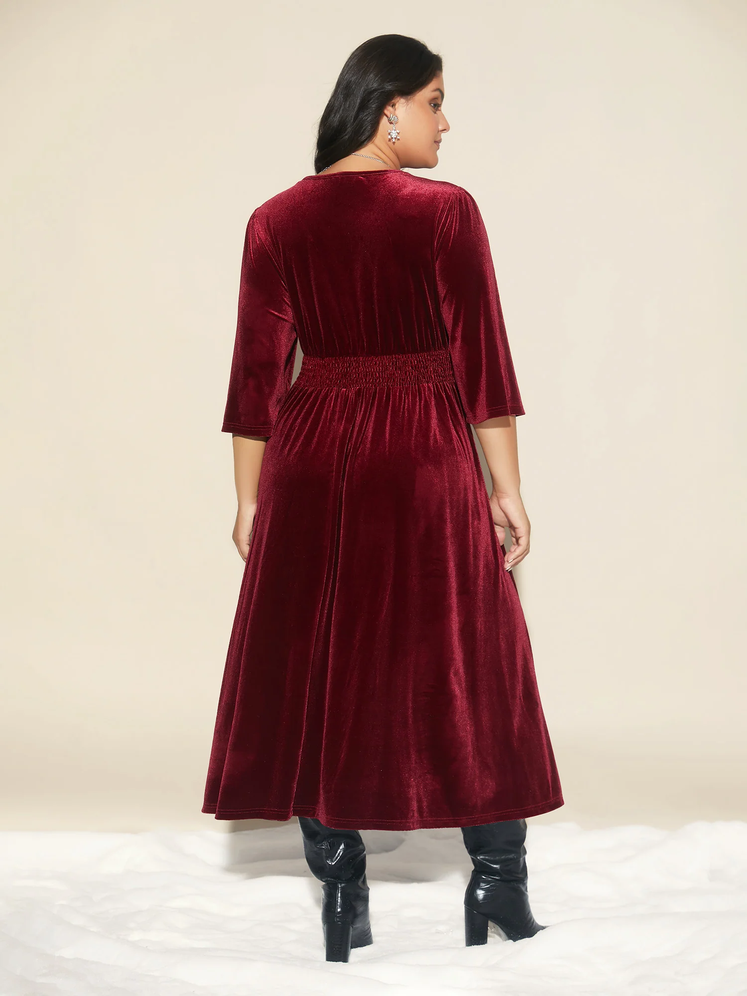 Velvet Ruched Surplice Neckline Midi Dress - Image 4