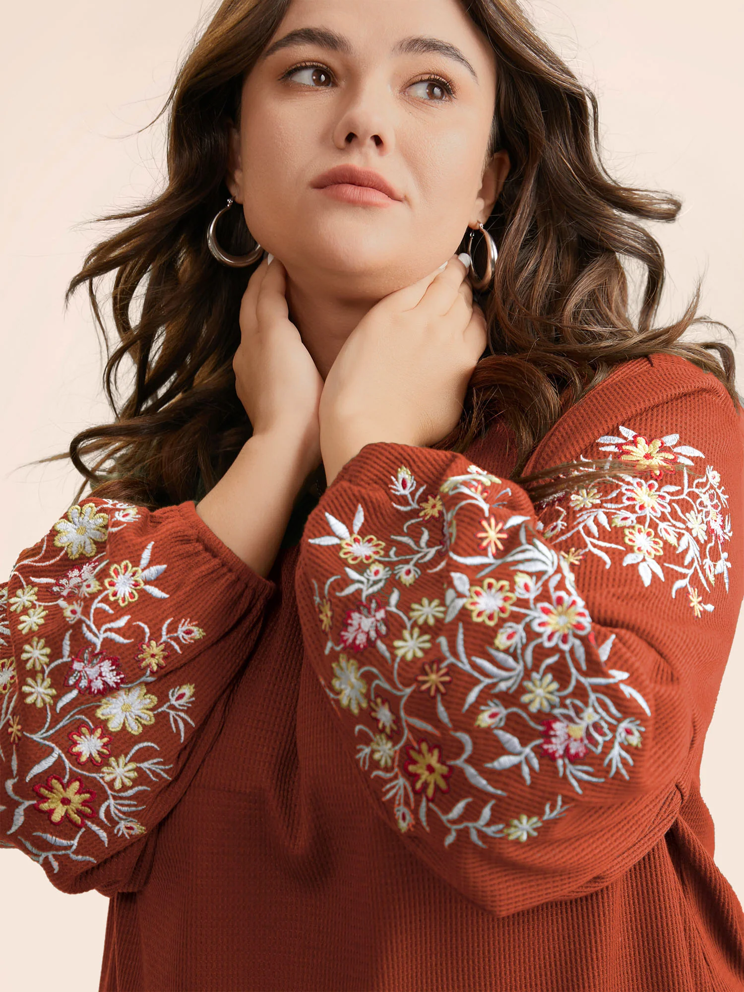 Waffle Knit Floral Embroidered Lantern Sleeve T-shirt - Image 22