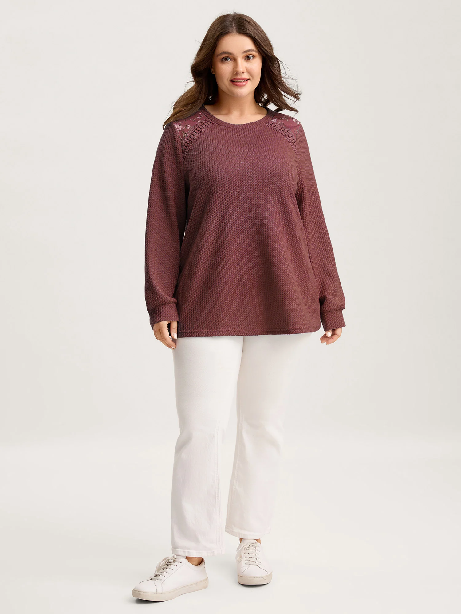 Waffle Spliced Floral Lace Sweatshirt - Image 3
